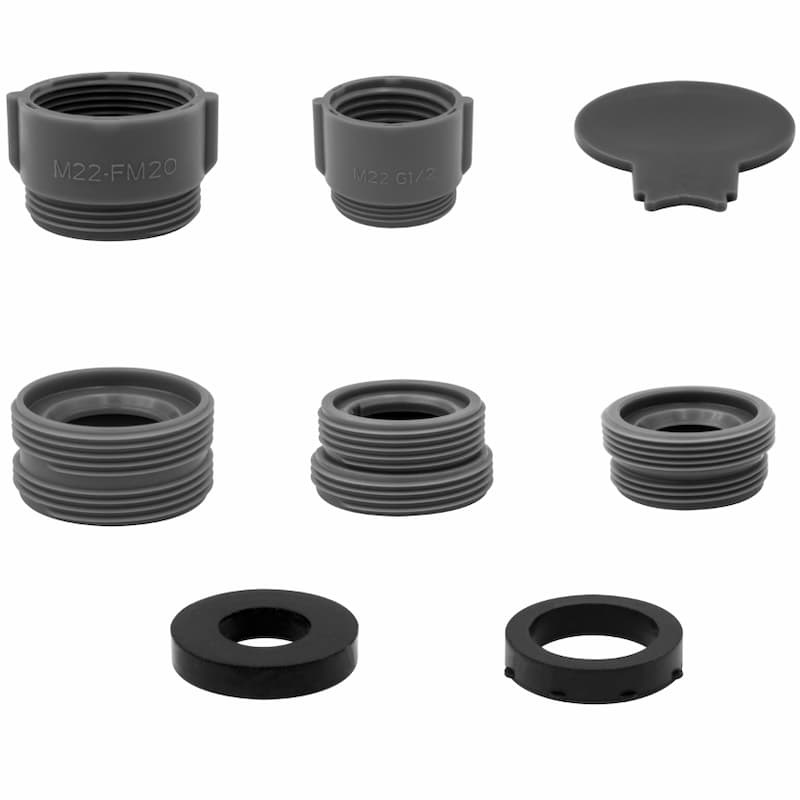Kit adaptador de plástico para substituição do arejador de torneira de modo duplo.