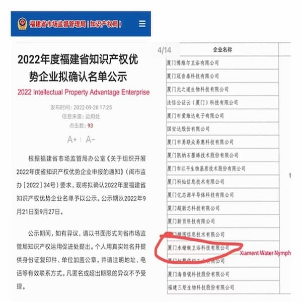 Empresa com Vantagem em Propriedade Intelectual em 2022 --- Tecnologia Sanitária Xiamen Water Nymph
